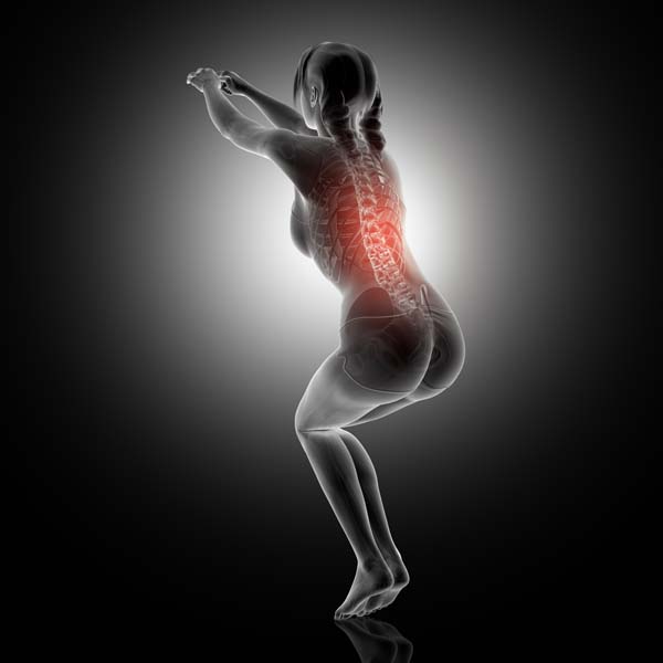 3D render of a female in squat position with spine highlighted