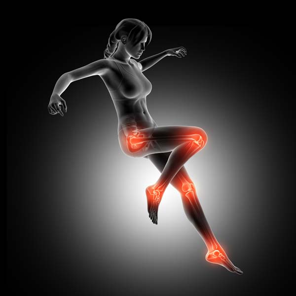 3D render of a female figure landing from a jump with leg joints highlighted
